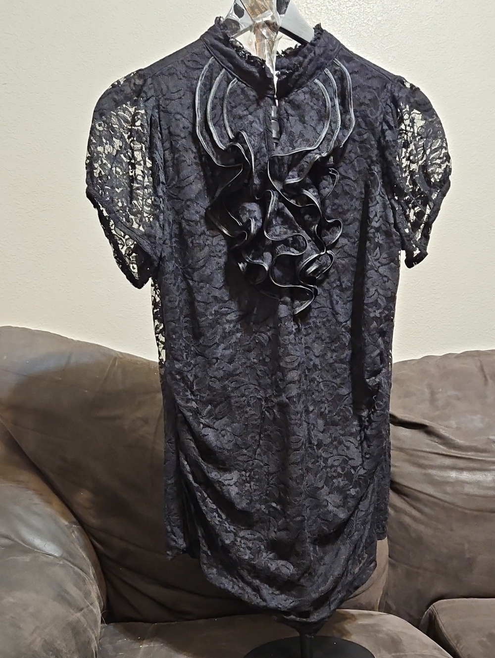 Three Hearts Black Lace Ruffle Front Blouse